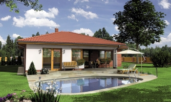 Modern bungalow with large living room with fireplace.